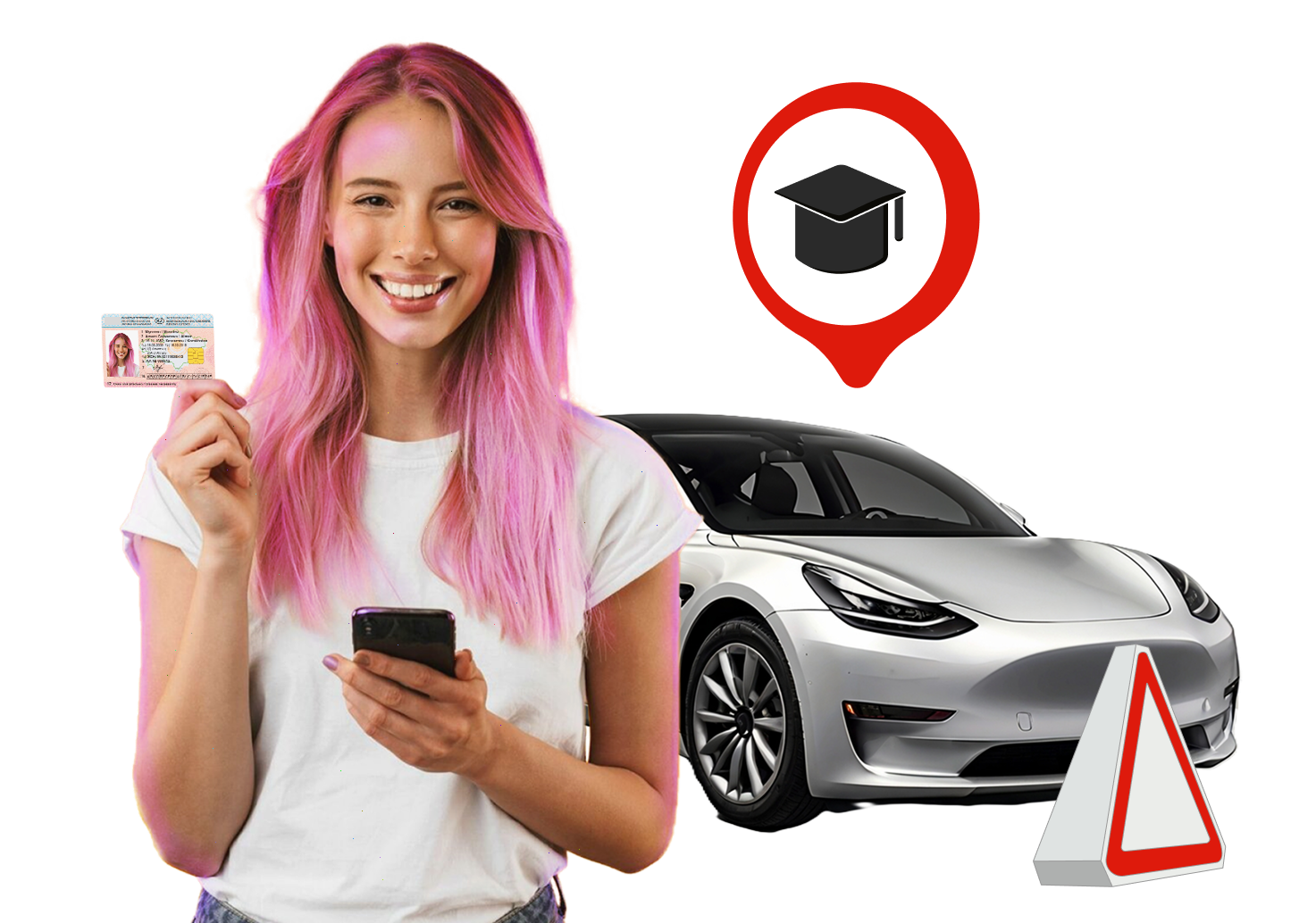 
Dívka drží v rukou řidičský průkaz, auto a dopravní značky na telefonu